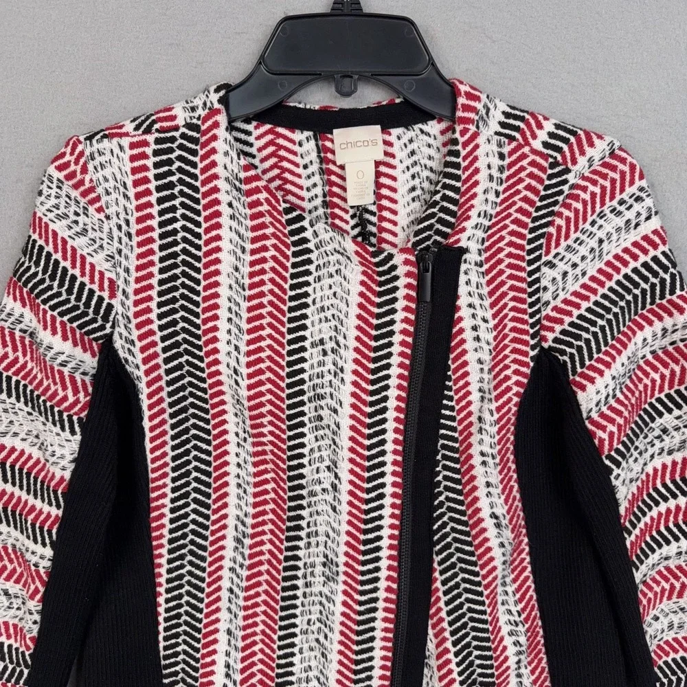 Chicos Cardigan Sweater Womens 0 Red Black White Full Zip Chevron Asymmetrical